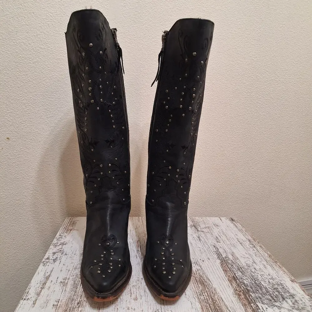 Justin Reba Queen Western Black Leather Studded Square Toe Boot Womens 7